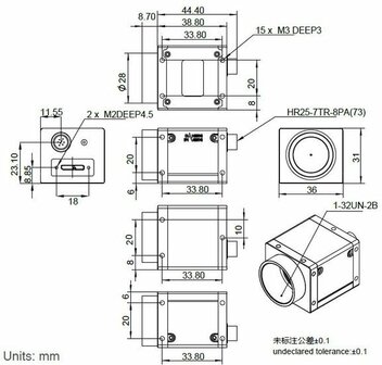 Mechanical drawing and dimensions of USB3 Industrial camera 26.2MP Monochrome with Gpixel GMAX0505 sensor, model ME2P-2621-15U3