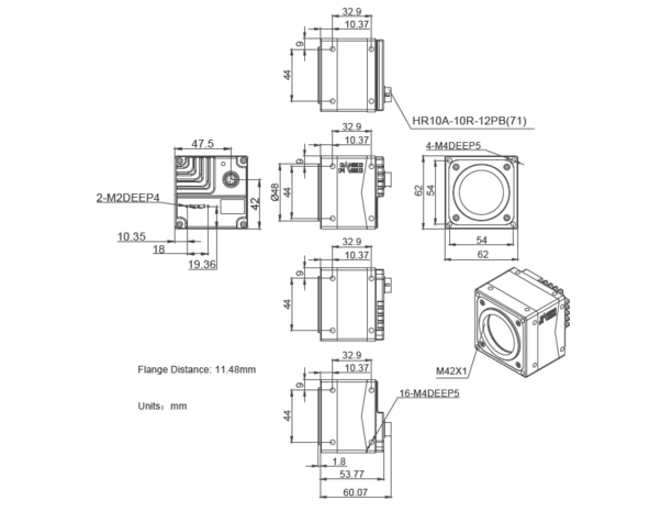 Mechanical drawing and dimensions of 45MP USB3 Imaging Camera Color with ONSEMI XGS45000 sensor, model MARS-4470-8U3C M42-mount