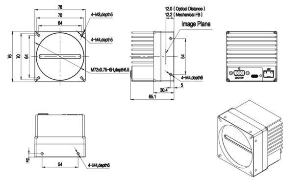 Mechanical drawing for Line scan camera VALINE-16K1-M72-75GTM