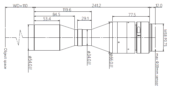 LM58-TELECENTRIC-1.083X-WD110-39-NI, Telecentric M58-mount Lens, magnification 1.083X, sensorsize 39mm