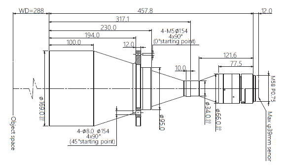 LM58-TELECENTRIC-0.287X-WD288-39-NI, Telecentric M58-mount Lens, magnification 0.287X, sensorsize 39mm